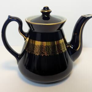 Vintage 1950s Hall China Philadelphia Cobalt Blue Gold Trim 6 Cup Coffee Pot